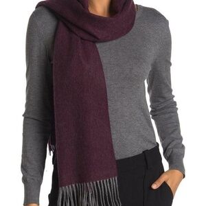 $198 - Qi Unisex Cashmere Burgundy/Grey Double Faced Fringe Scarf 70" L x 14" W